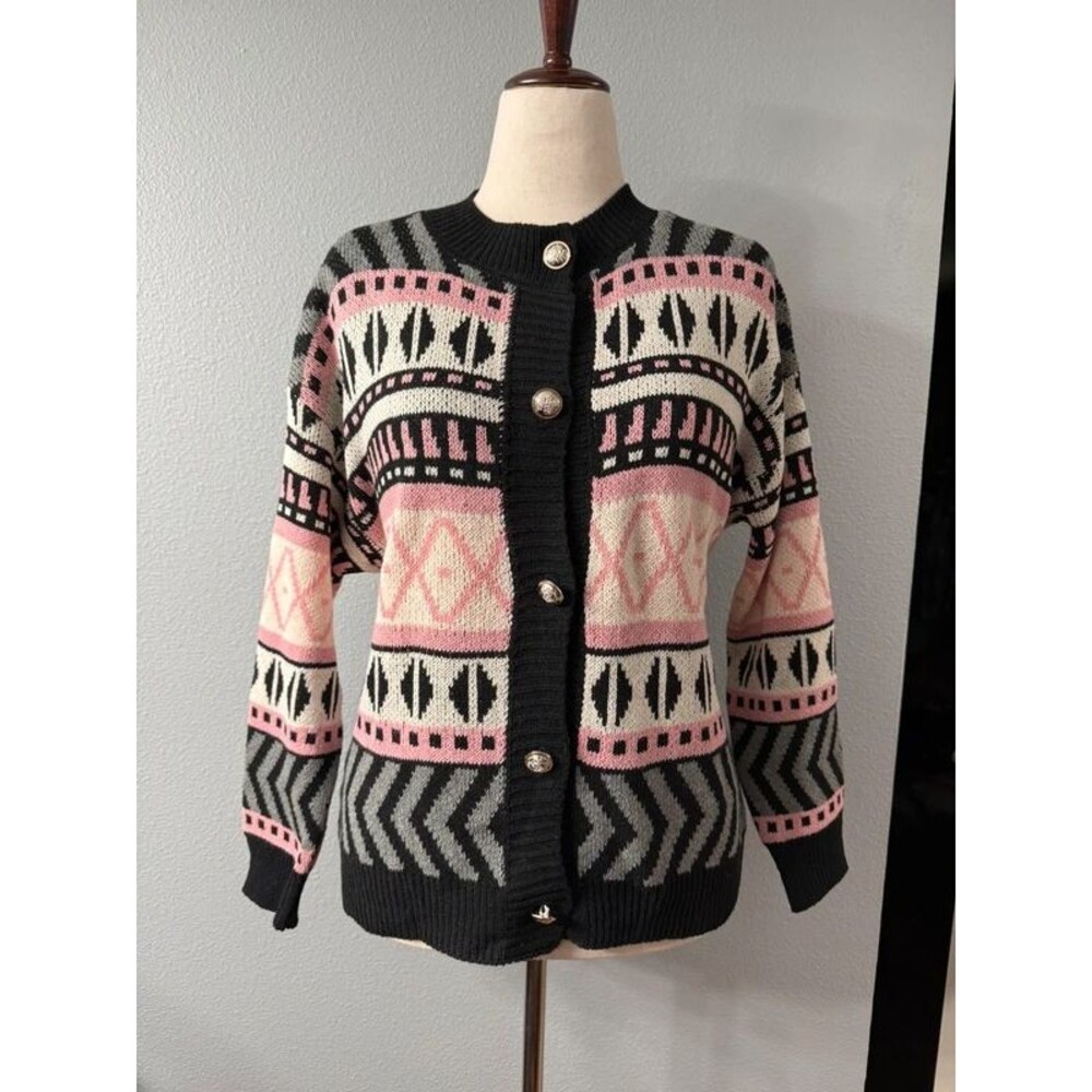 Sunday Up Geometric Knit Cardigan Sweater Pink Black, One Size